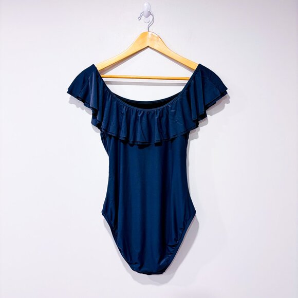 MICHAEL KORS Ruffled One-Piece Swimsuit with Off-Shoulder Neckline | Size 10 * - Picture 2 of 6